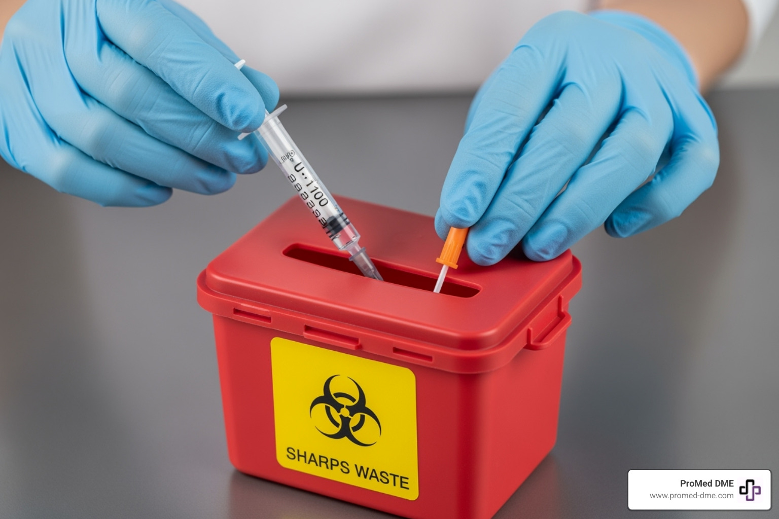 Person placing a used syringe into a designated sharps container - U-100 insulin syringes
