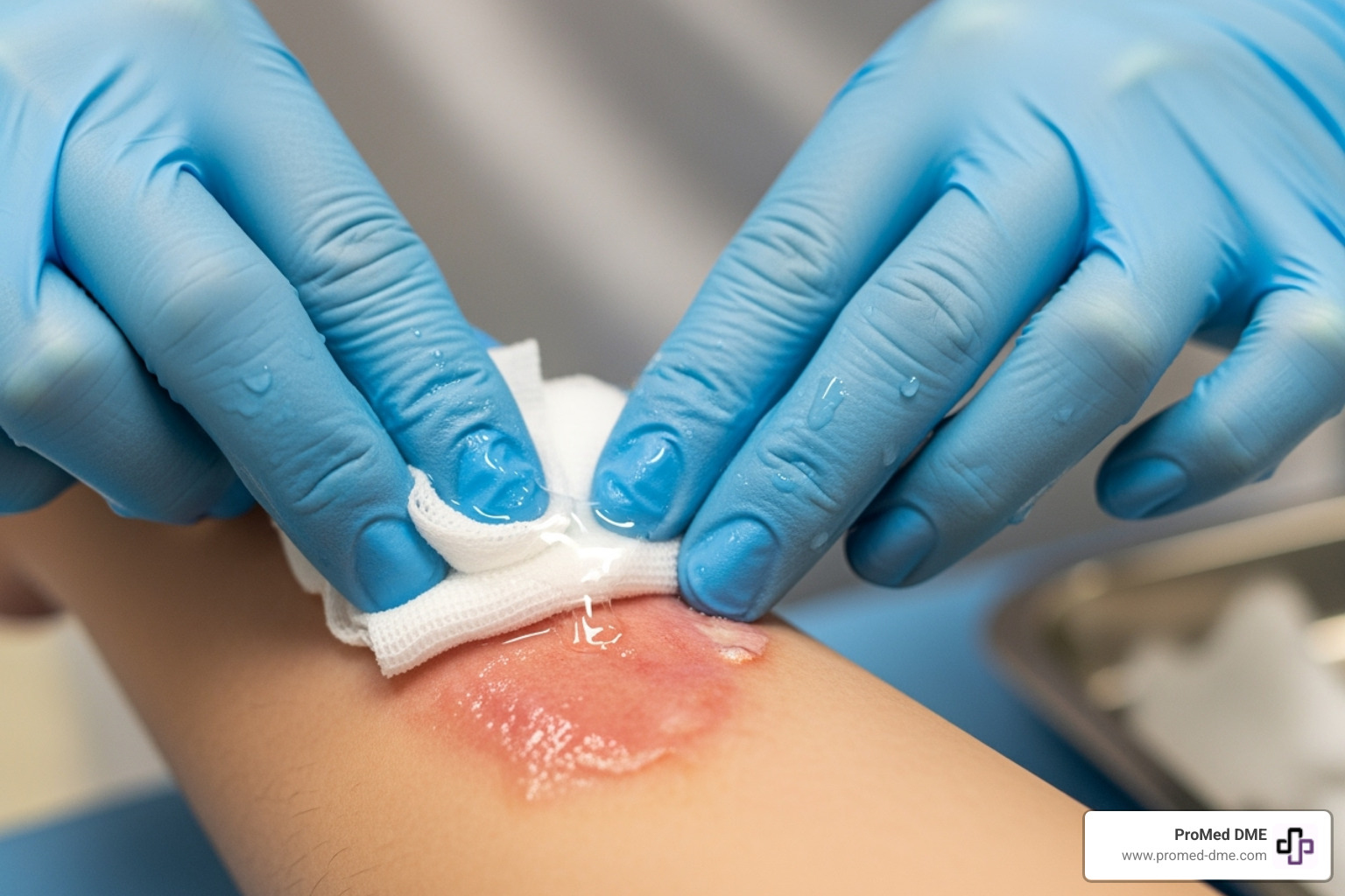 Image showing the proper, gentle cleaning of a burn wound with sterile gauze and solution - burn dressing