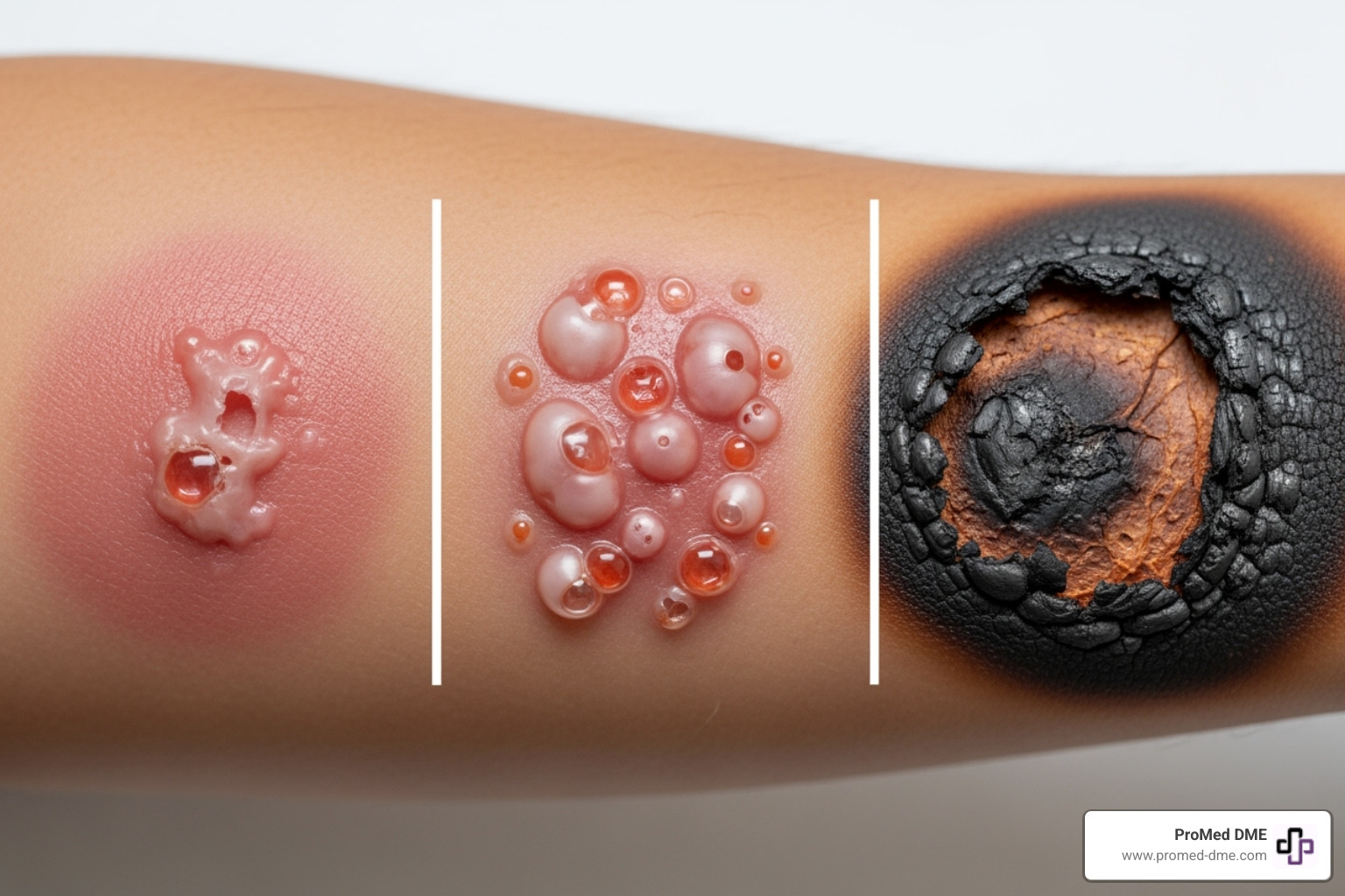 Image showing different degrees of burns: first-degree (redness), second-degree (blisters), and third-degree (charred skin) - burn dressing