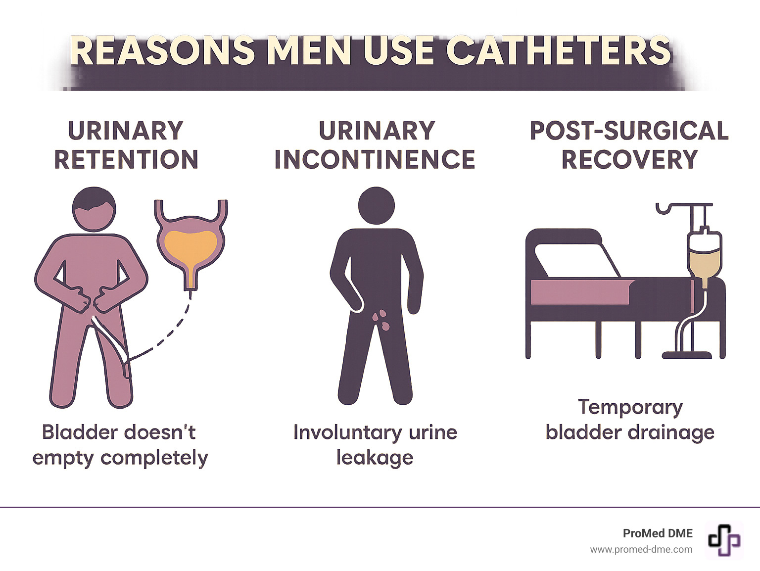Infographic showing three main reasons men use catheters: urinary retention (bladder doesn't empty completely), urinary incontinence (involuntary urine leakage), and post-surgical recovery (temporary bladder drainage after prostate or urological procedures) - buy male catheter infographic 