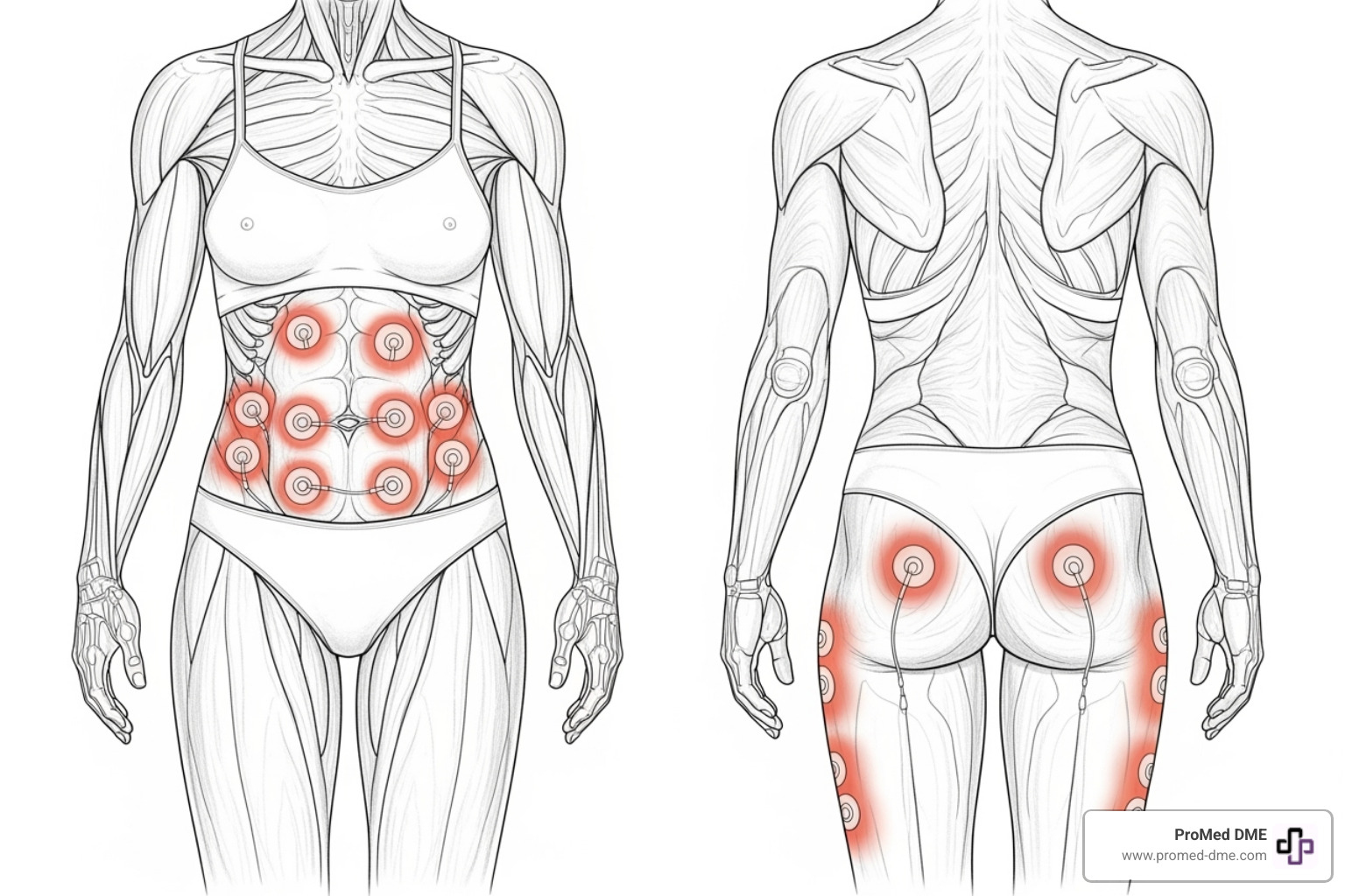Common infusion set insertion sites on the body including abdomen, buttocks, and thighs - insulin pump infusion sets