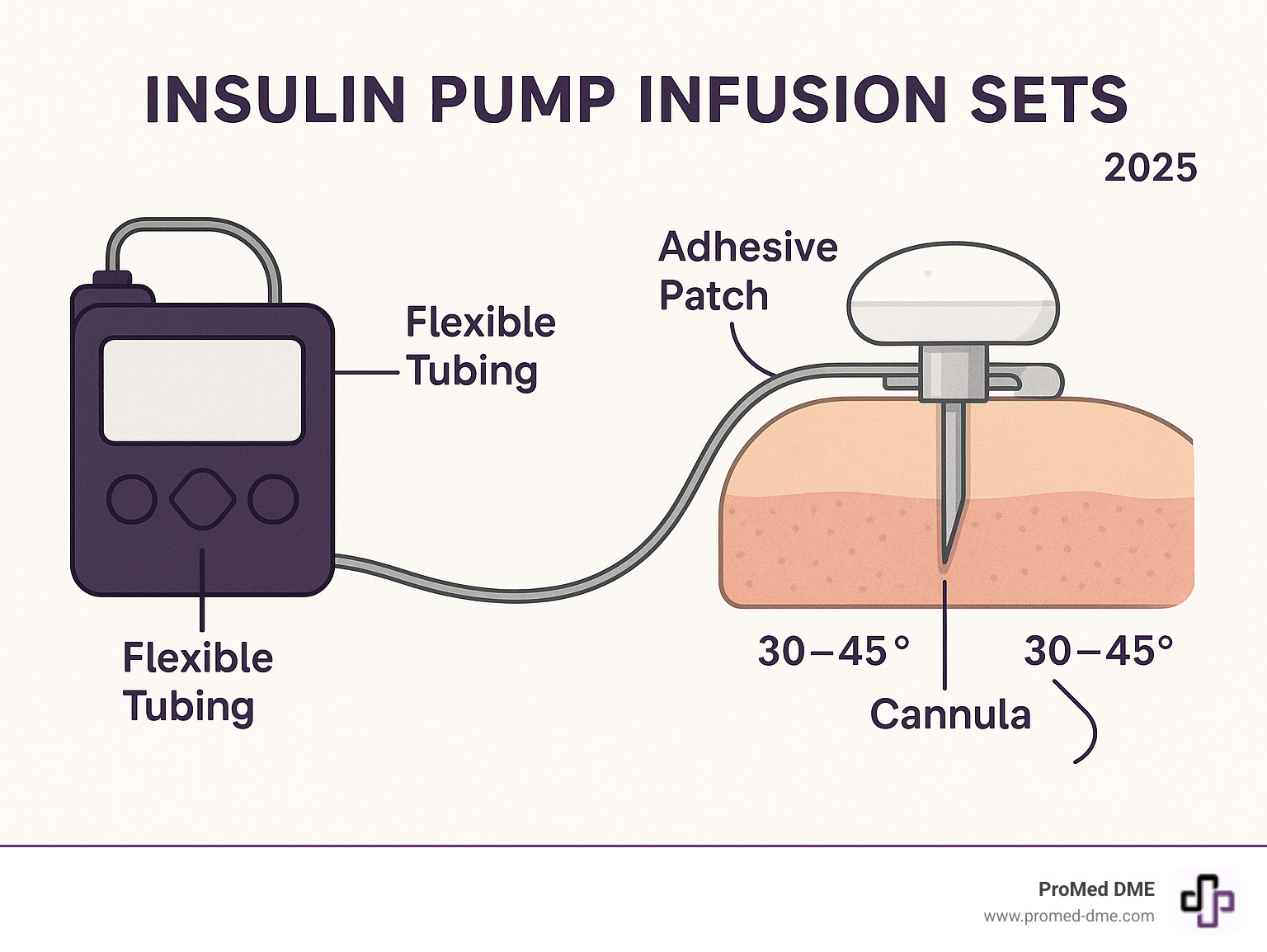 Infographic showing insulin pump infusion set components: insulin pump connected via flexible tubing to an infusion site with cannula inserted under skin, secured by adhesive patch, with labels for each component and insertion angles of 30-45 degrees for angled sets and 90 degrees for straight sets - insulin pump infusion sets infographic 