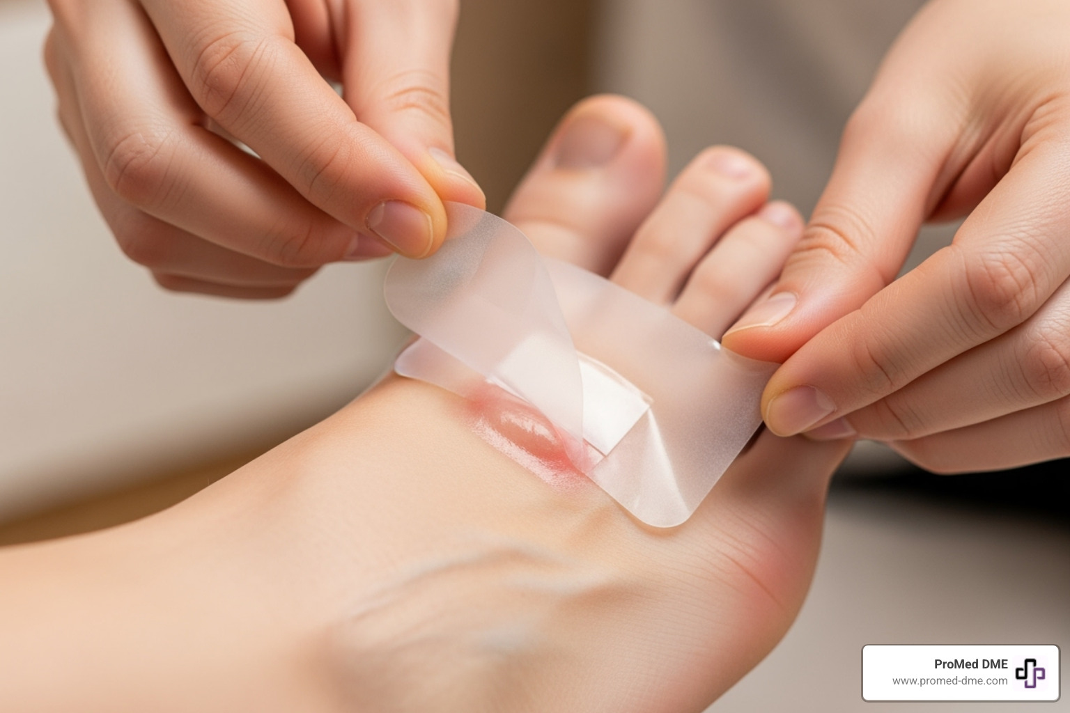 Image showing a hand applying a hydrocolloid bandage to a foot blister, demonstrating the peel and stick method - hydrocolloid blister bandages