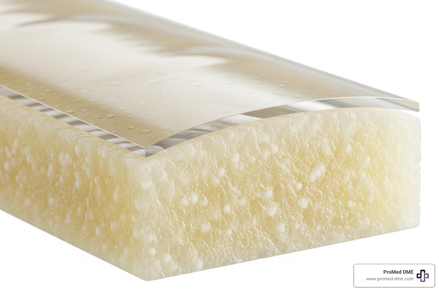Image of the layers of a hydrocolloid bandage, showing the outer waterproof layer and the inner absorbent hydrocolloid matrix - hydrocolloid blister bandages