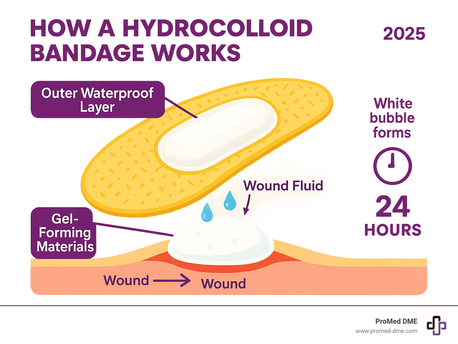 Infographic showing hydrocolloid bandage cross-section with outer waterproof layer, inner gel-forming materials, wound fluid being absorbed and converted to protective white gel cushion, and timeline showing 24-hour white bubble formation indicating healing process - hydrocolloid blister bandages infographic 
