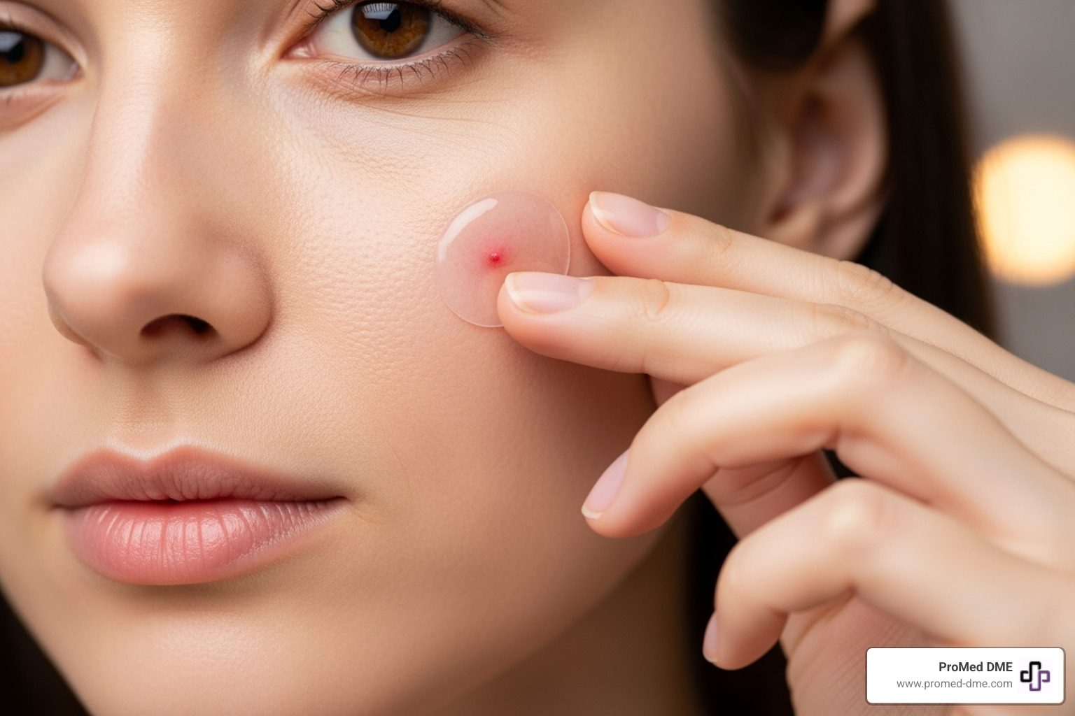 Image of a person applying a small hydrocolloid patch to a blemish on their face - hydrocolloid blister bandages