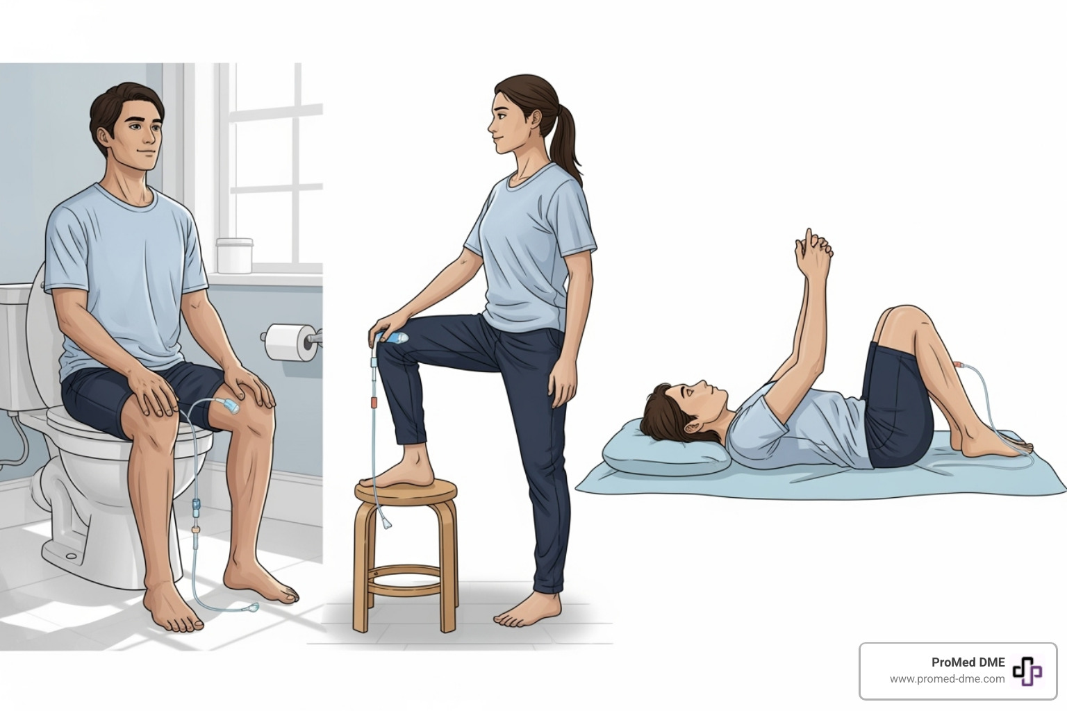 illustrating comfortable positions for catheterization (sitting, standing, lying down) - Self catheterization instructions