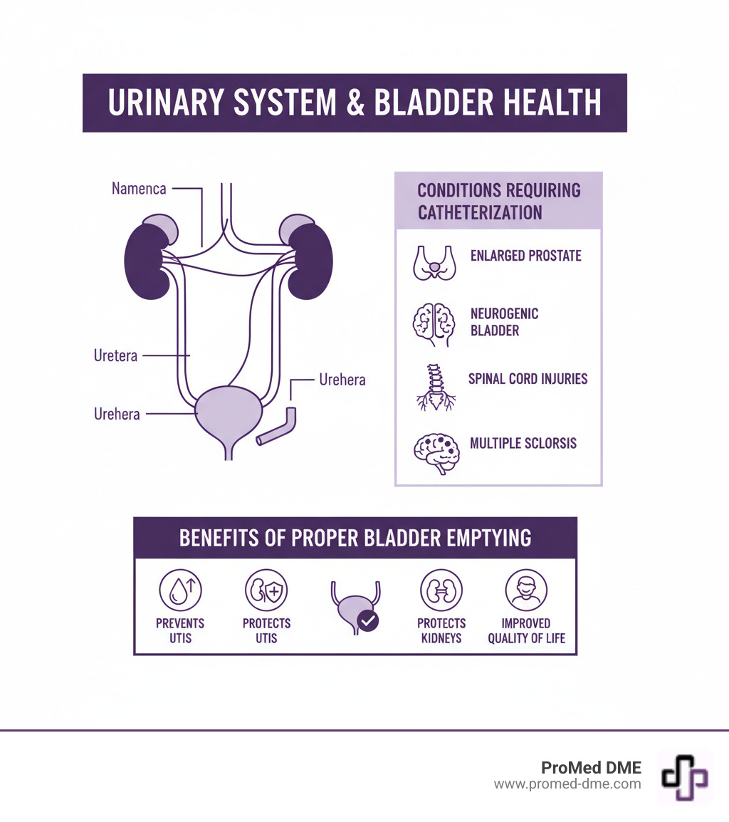 Detailed infographic showing the urinary system anatomy including kidneys, bladder, and urethra, with common medical conditions requiring self-catheterization such as enlarged prostate, neurogenic bladder, spinal cord injuries, and multiple sclerosis, plus benefits of proper bladder emptying - Self catheterization instructions infographic 
