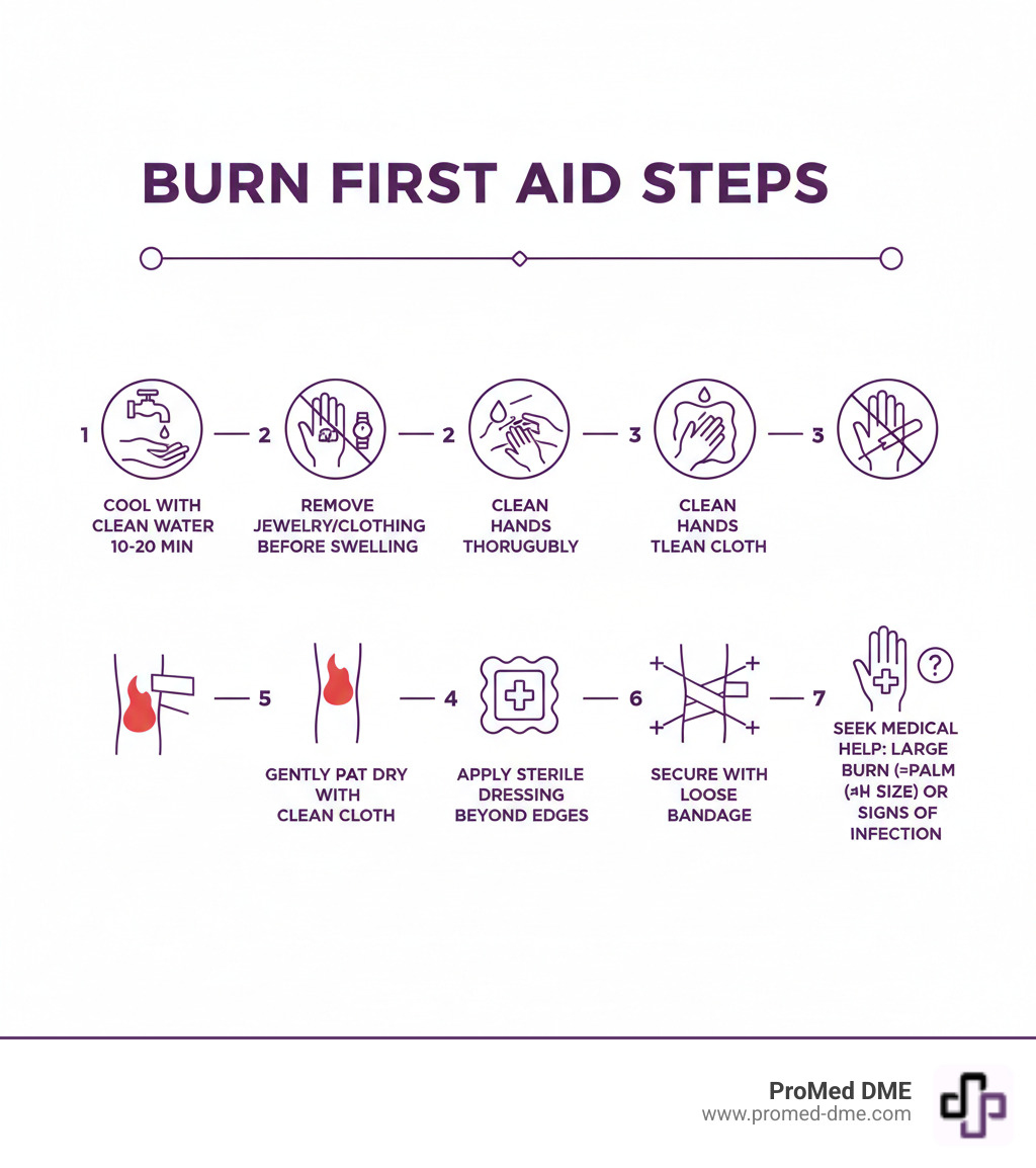 Infographic showing step-by-step burn first aid: 1) Cool the burn with clean water for 10-20 minutes, 2) Remove jewelry/clothing from area before swelling, 3) Clean hands thoroughly, 4) Gently pat burn dry with clean cloth, 5) Apply sterile burn dressing extending beyond burn edges, 6) Secure with loose bandage, 7) Seek medical attention for burns larger than palm size or if signs of infection appear - burn sterile dressing infographic 