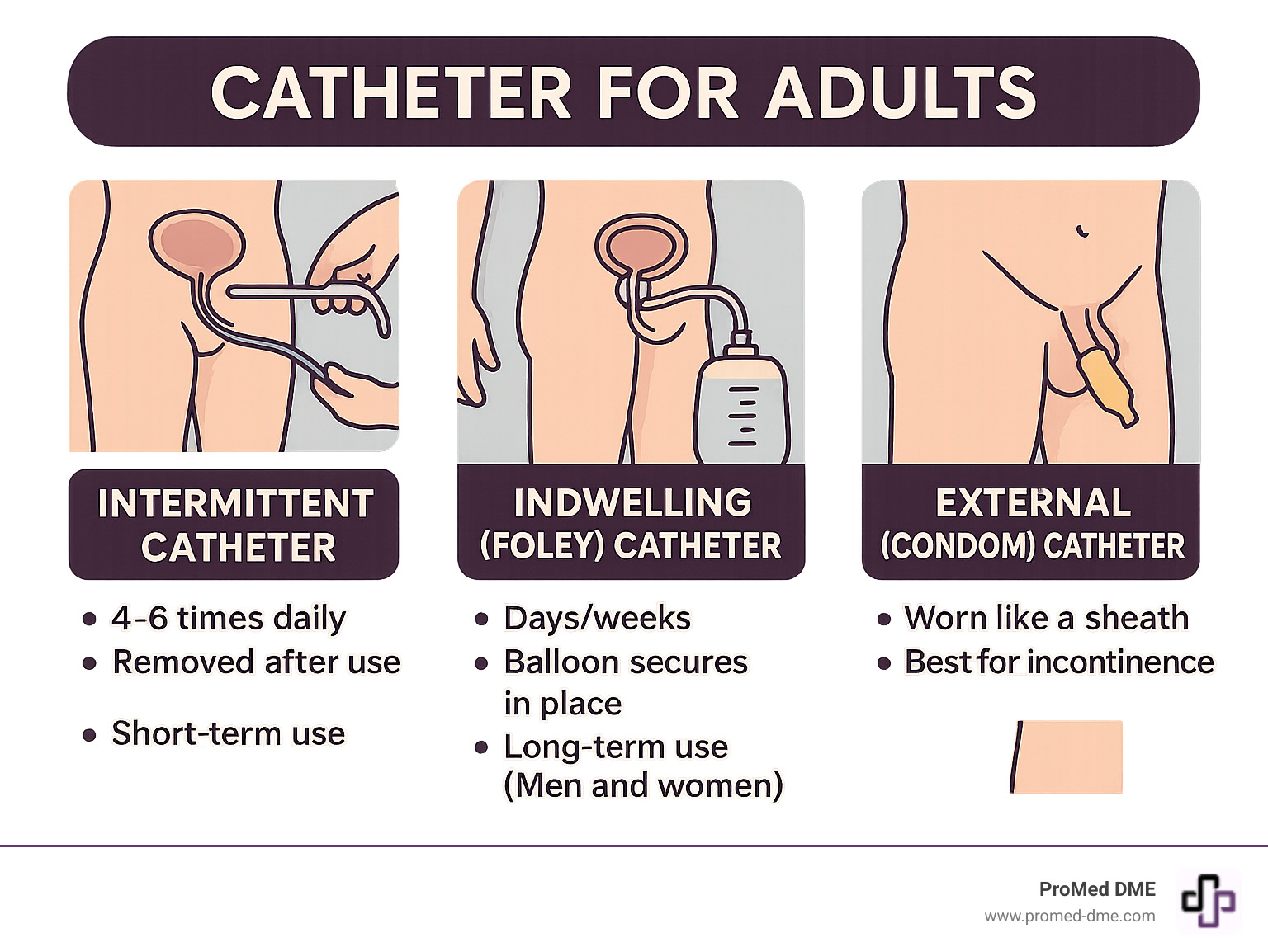Detailed infographic showing three main types of adult catheters: intermittent catheter being inserted and removed, indwelling Foley catheter with balloon securing it in bladder connected to drainage bag, and external condom catheter worn outside male anatomy, with labels indicating duration of use and best applications for each type - catheter for adults infographic 