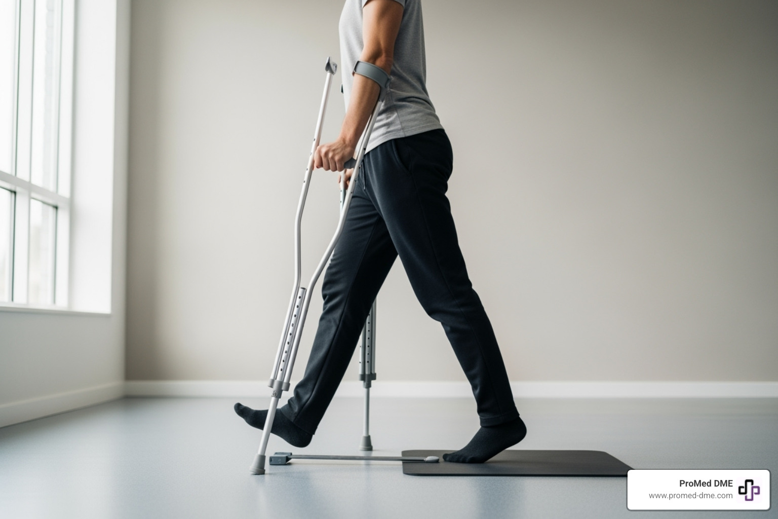 Image showing the correct posture and sequence for walking with crutches, with emphasis on straight back and weight on hands - crutches nearby