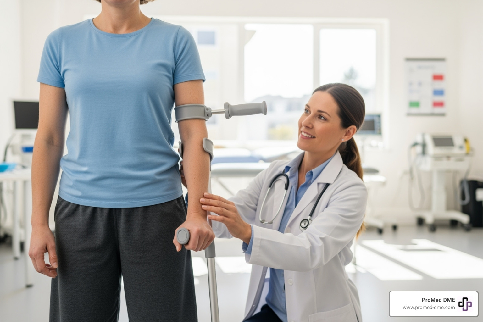 Image demonstrating the correct way to measure and adjust crutches for a person's height, showing armpit clearance and handgrip position - crutches nearby