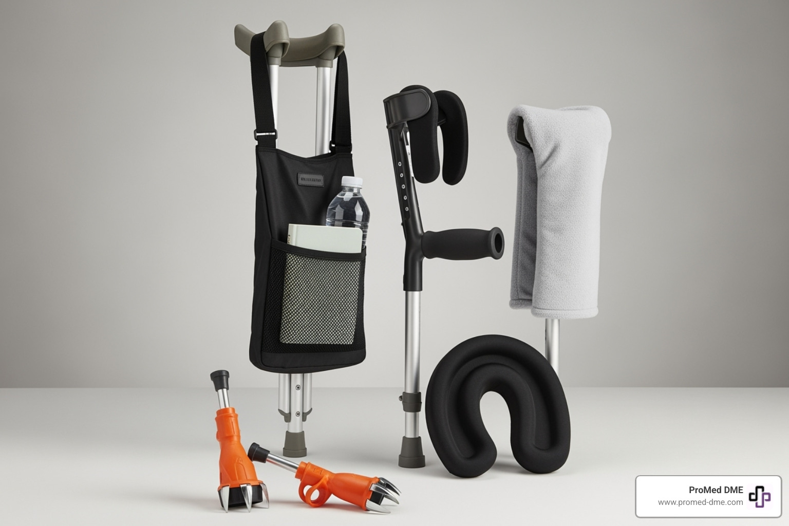 Image of various crutch accessories like padded covers, a crutch bag, and ice tips - crutches nearby