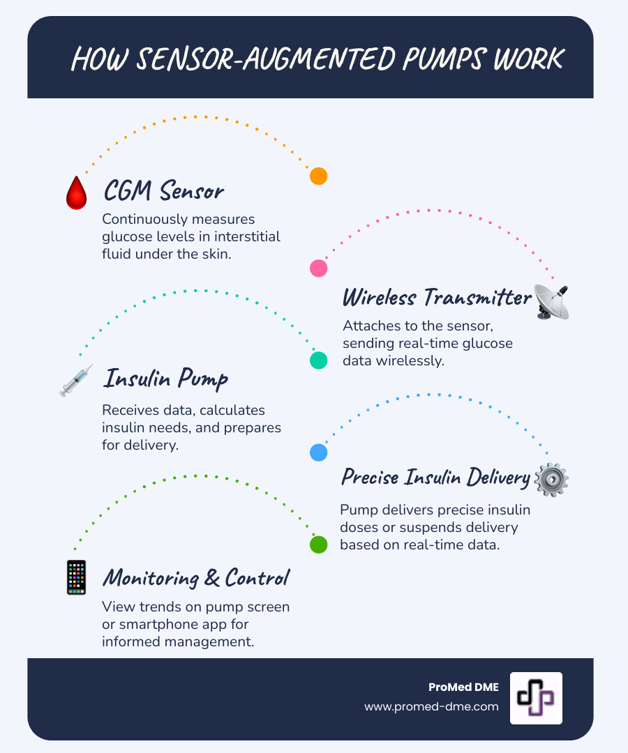 Detailed infographic showing sensor-augmented pump system components: insulin pump device worn on body, CGM sensor inserted under skin, wireless transmitter sending glucose data to pump display, and smartphone app showing real-time glucose trends and pump controls - sensor augmented insulin pump therapy infographic infographic-line-5-steps-blues-accent_colors