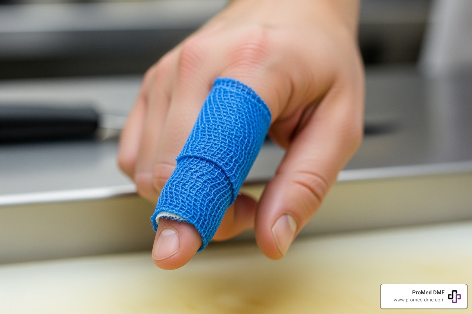 blue cohesive bandage on a food service worker's finger - blue cohesive bandage
