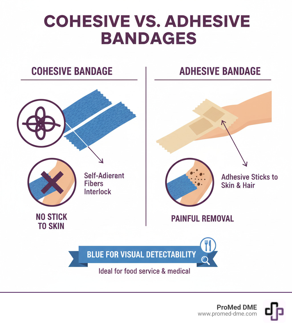 Infographic showing how blue cohesive bandages work through self-adherent fibers that interlock with each other but not with skin, demonstrating the difference between cohesive and adhesive bandage mechanisms - blue cohesive bandage infographic 