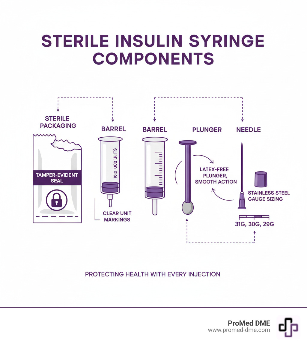 Detailed breakdown of sterile insulin syringe components including barrel with clear unit markings, latex-free plunger with smooth action, stainless steel needle with precise gauge sizing, and sterile packaging with tamper-evident seals - sterile insulin syringes infographic 