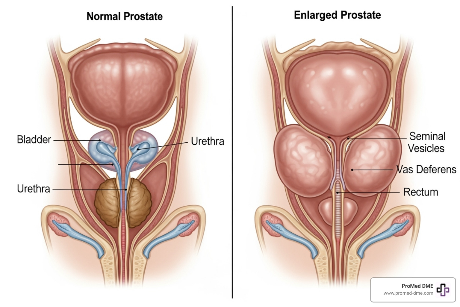 medical illustration normal vs enlarged prostate - self-catheterization with enlarged prostate