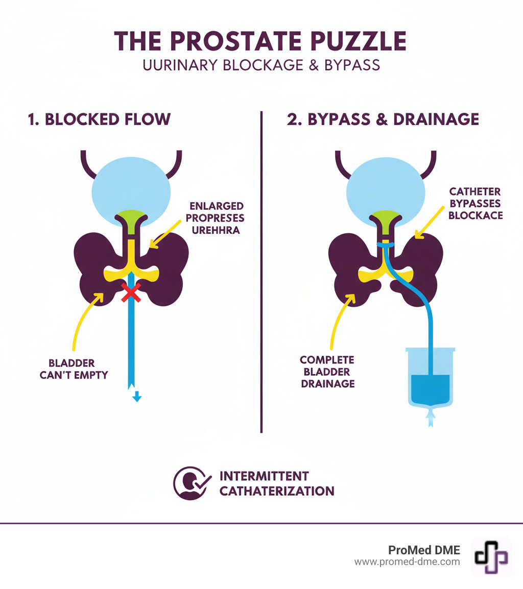 Infographic showing how an enlarged prostate compresses the urethra, blocking urine flow, and how intermittent catheterization bypasses this obstruction to allow complete bladder drainage - self-catheterization with enlarged prostate infographic 