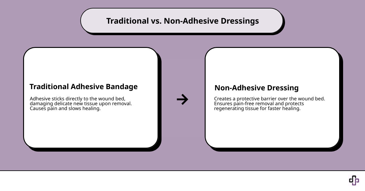 Infographic showing a cross-section comparison of traditional adhesive bandage sticking to wound tissue versus non-adhesive dressing creating a protective barrier over the wound bed, with arrows indicating pain-free removal and protected healing tissue - non adhesive dressing infographic cause_effect_text