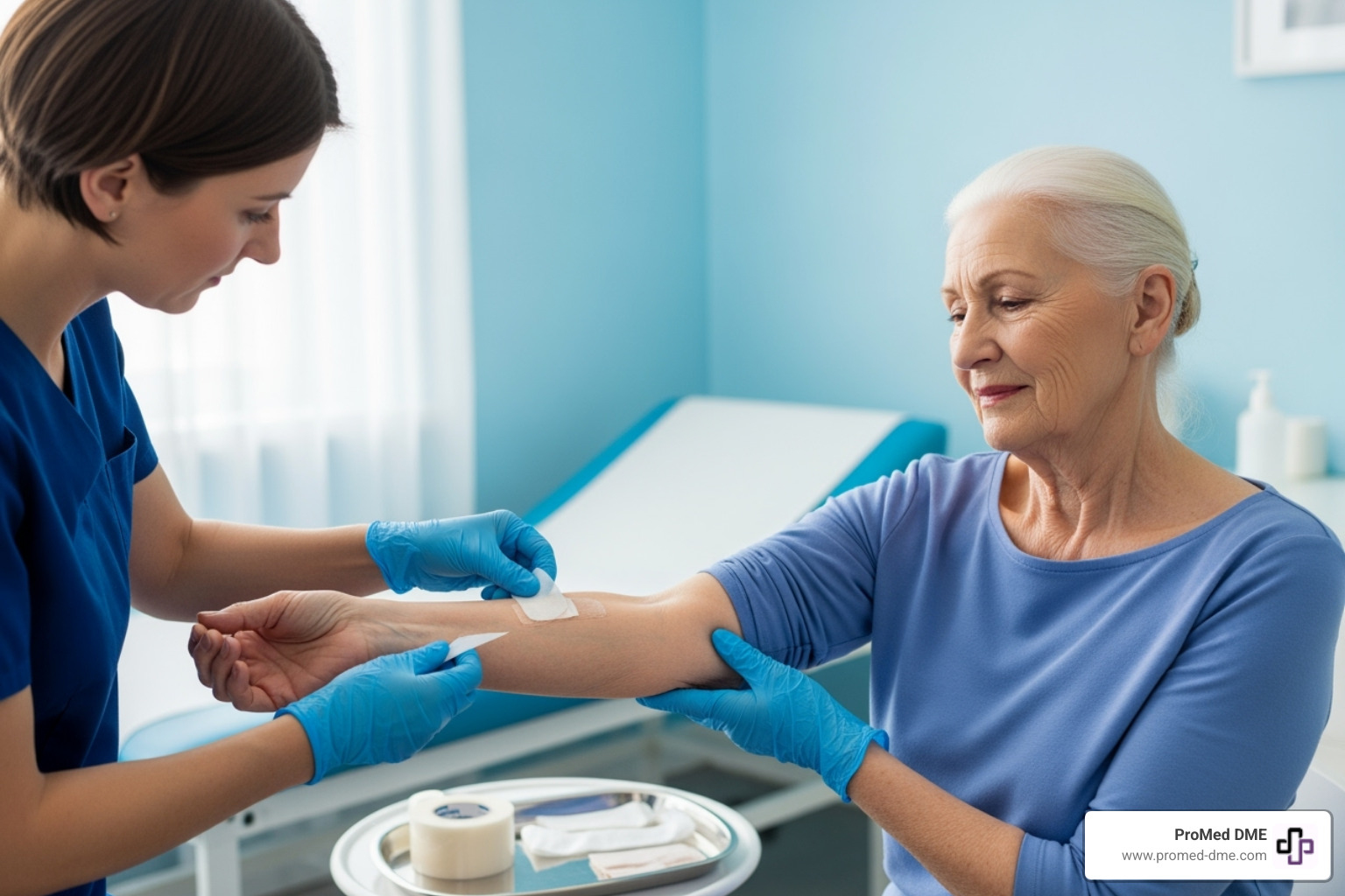 healthcare professional gently removing a non-adhesive dressing from an elderly patient's arm - non adhesive dressing