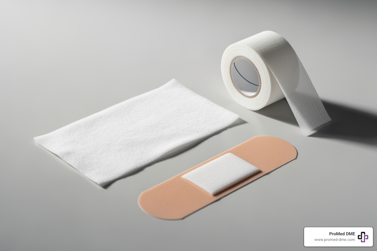 non-adhesive pad next to a roll of medical tape, contrasted with an all-in-one adhesive bandage - non adhesive dressing