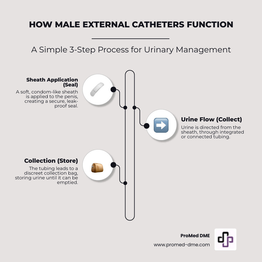 Infographic showing external catheter system: penis with sheath attachment connected via tubing to a collection bag worn on the leg, with arrows indicating urine flow from body through tube to storage - how does an external catheter for men work infographic infographic-line-3-steps-neat_beige