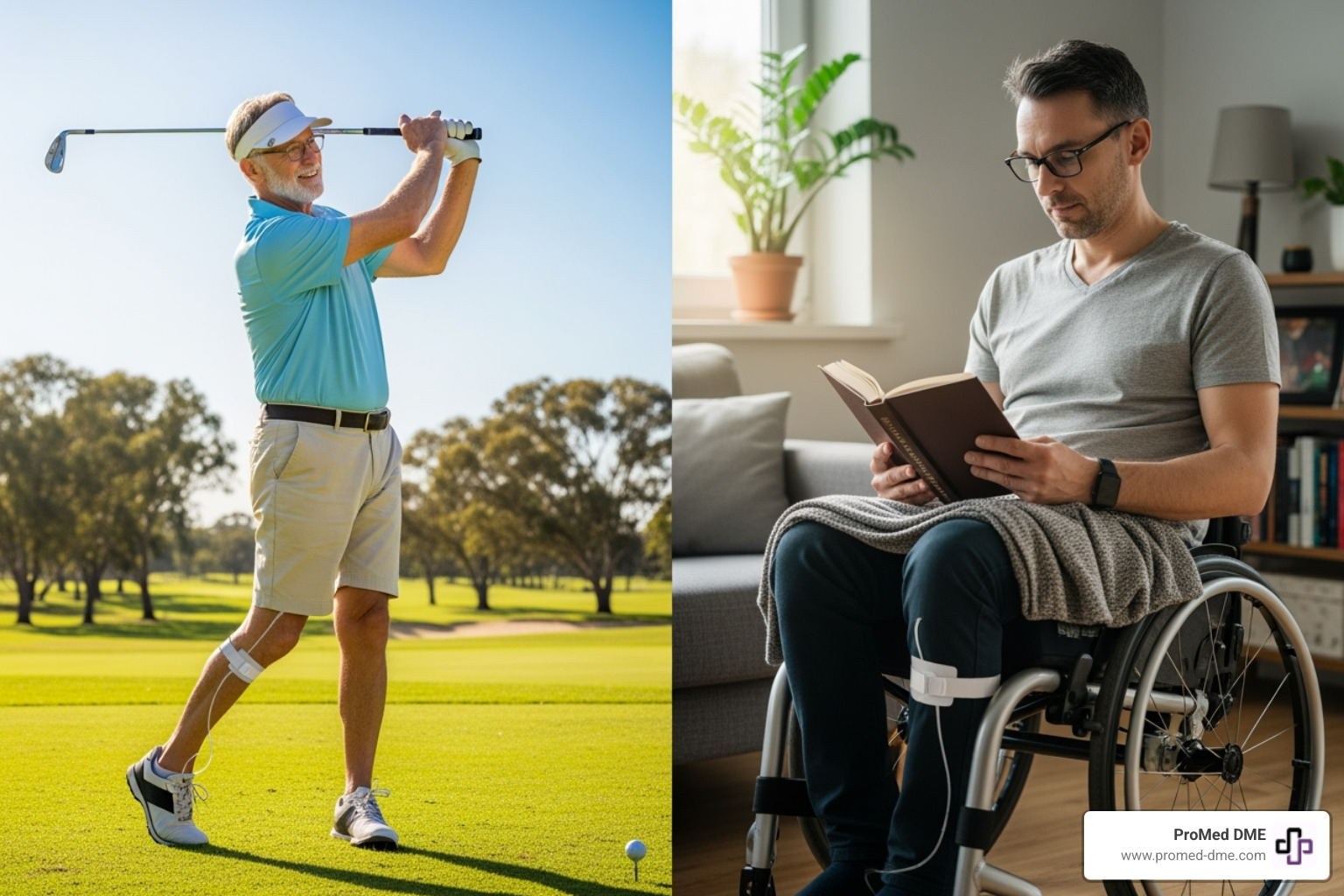 diverse users of external catheters, including an older adult playing golf and someone with limited mobility reading a book - how does an external catheter for men work