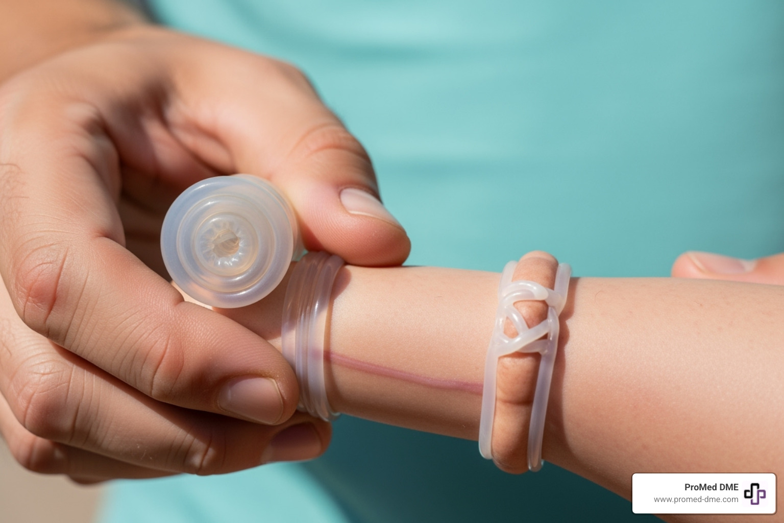 man's hand illustrating the rolling motion of applying the catheter onto the penis - how does an external catheter for men work