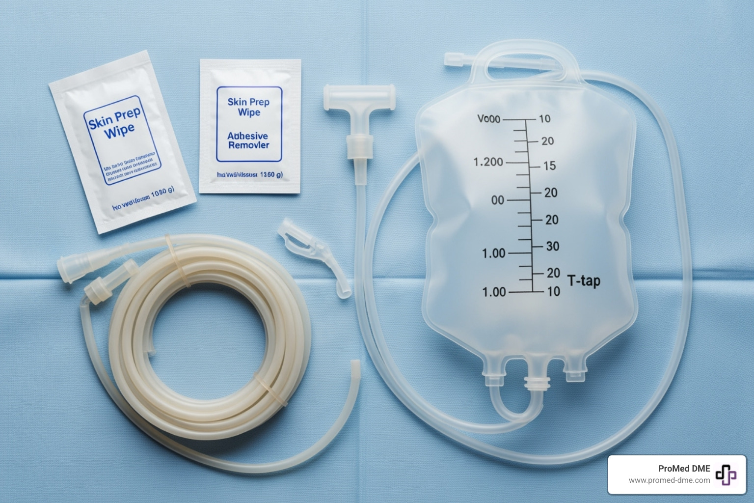 complete external catheter kit with all components laid out: catheter sheath, collection bag, tubing, skin prep wipe, adhesive remover wipe - how does an external catheter for men work