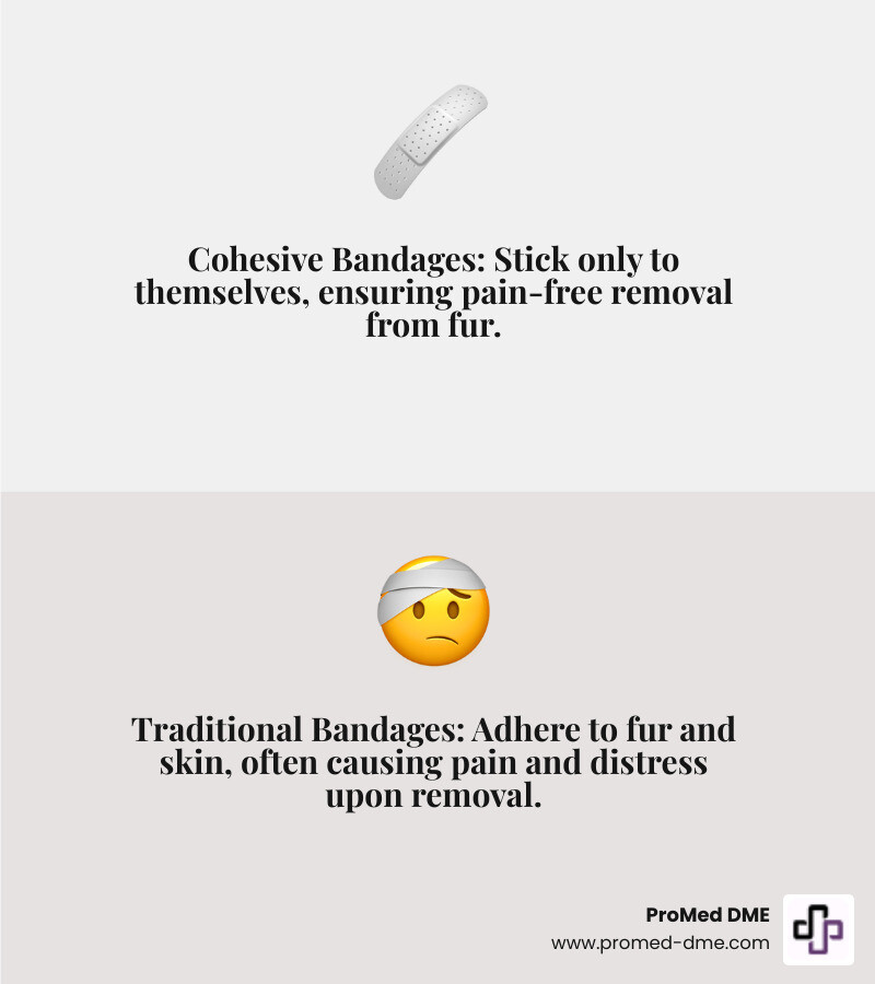 Infographic showing a cohesive bandage wrapping around a dog's leg without sticking to fur, compared to a traditional adhesive bandage pulling at fur during removal, with icons showing pain-free vs painful removal - cohesive bandage for dogs infographic 2_facts_emoji_grey