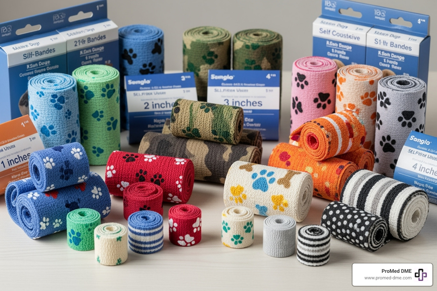 various cohesive bandages in different sizes, colors, and patterns - cohesive bandage for dogs