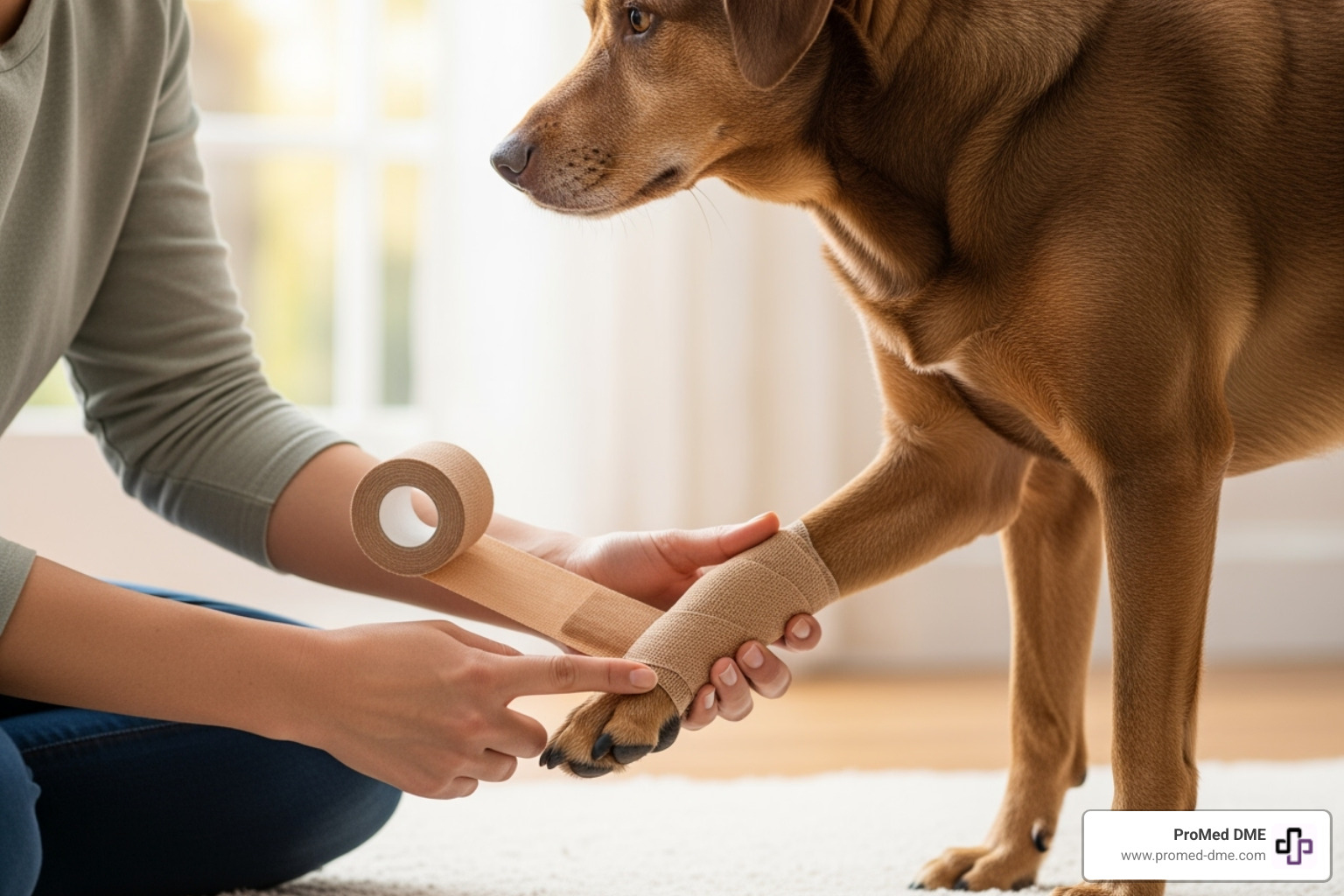 person calmly applying a cohesive bandage to a dog's leg, showing the two-finger gap for tightness - cohesive bandage for dogs