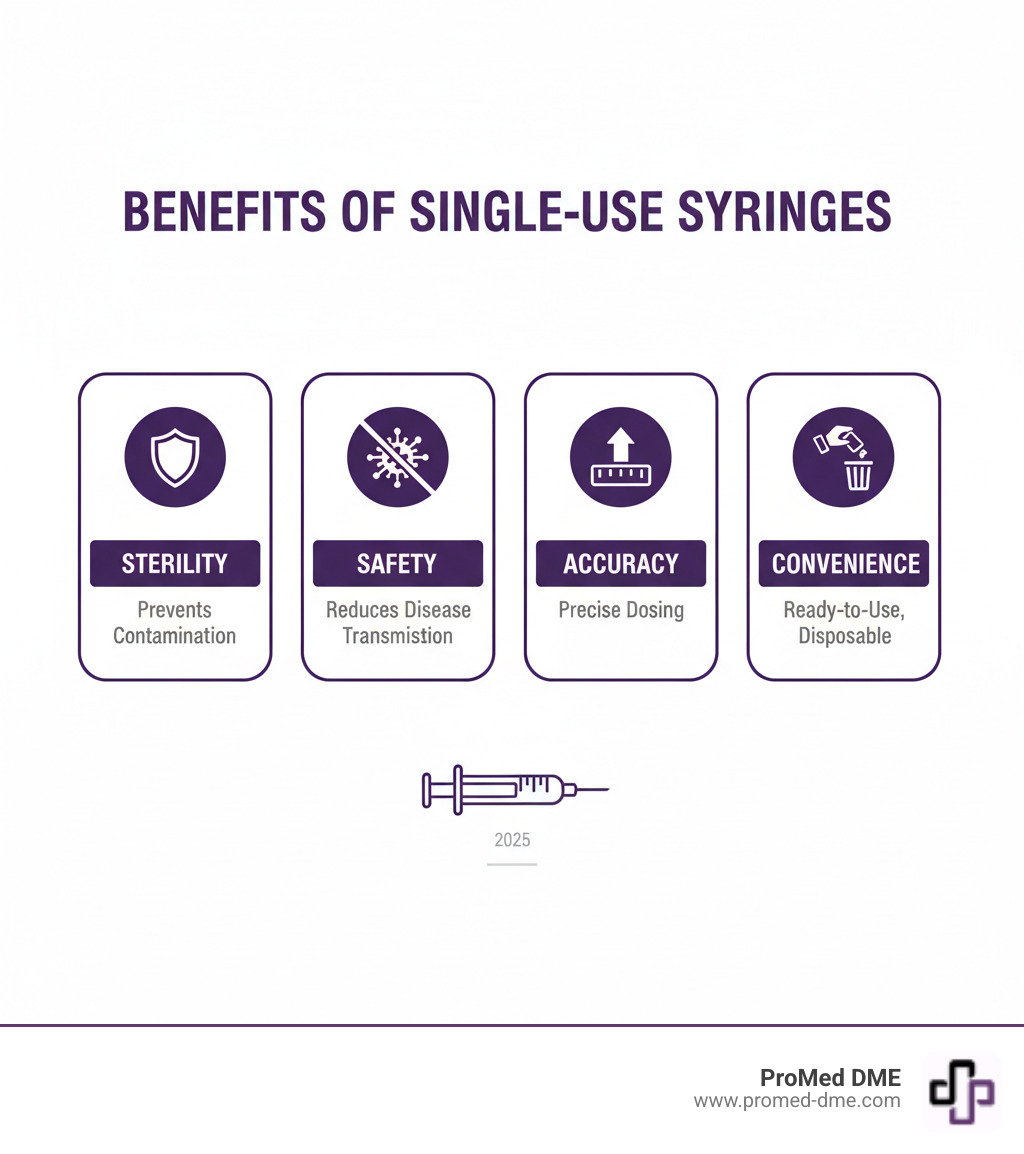 Infographic showing the four key benefits of single-use syringes: Sterility (prevents contamination), Safety (reduces disease transmission), Accuracy (precise volume markings for correct dosing), and Convenience (ready-to-use, disposable design) - single use syringes infographic  Infographic showing the four key benefits of single-use syringes: Sterility (prevents contamination), Safety (reduces disease transmission), Accuracy (precise volume markings for correct dosing), and Convenience (ready-to-use, disposable design) - single use syringes infographic