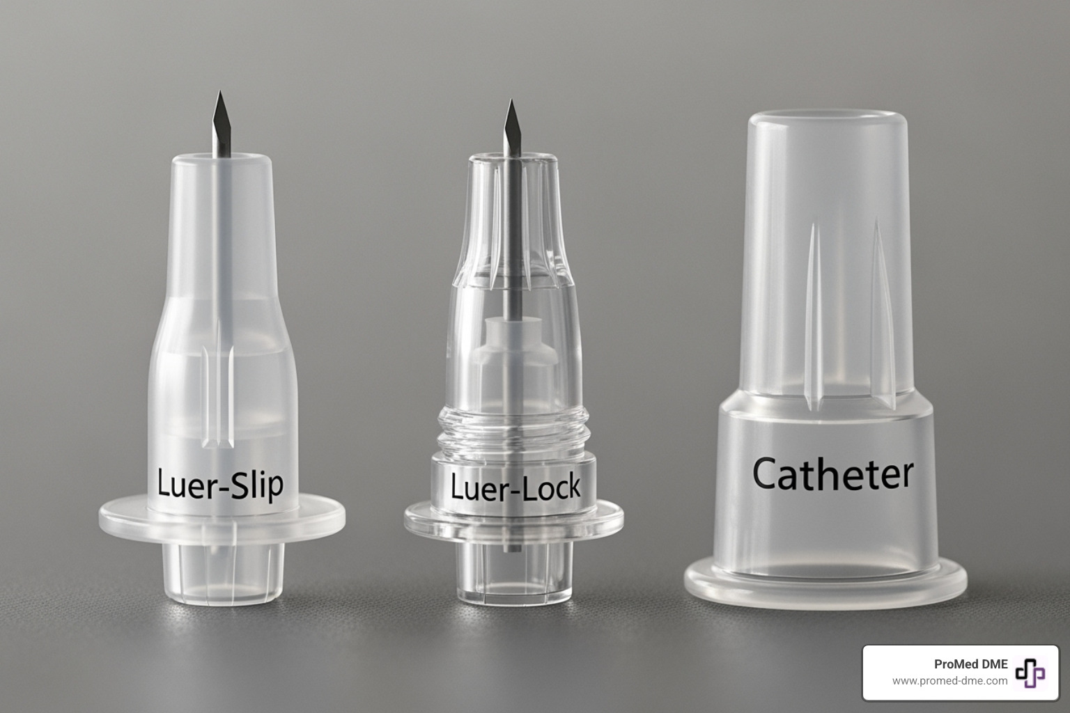 Luer-Lock, Luer-Slip, and Catheter syringe tips side-by-side - single use syringes Luer-Lock, Luer-Slip, and Catheter syringe tips side-by-side - single use syringes