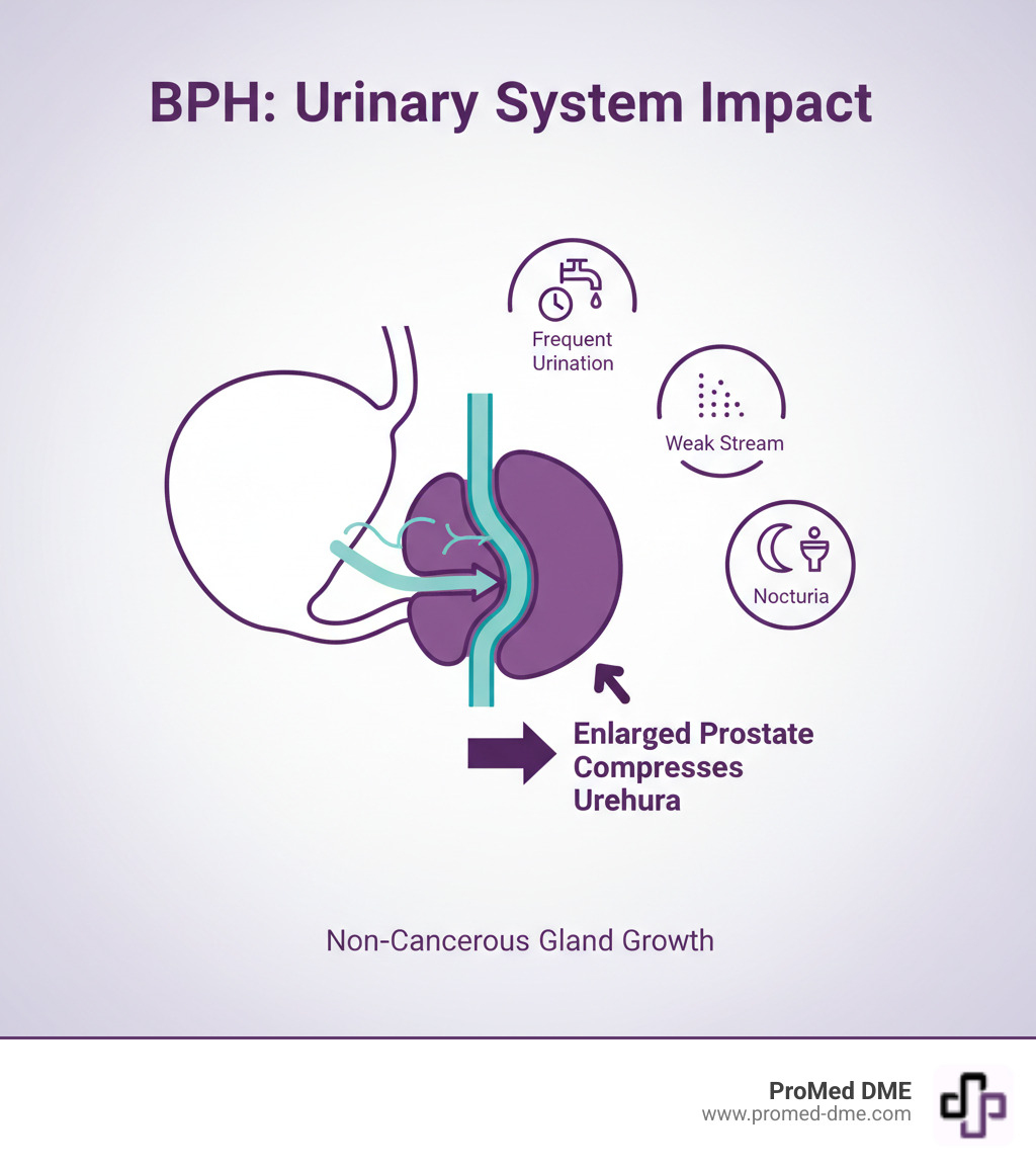 Detailed infographic showing how BPH affects the male urinary system, including a cross-section view of the bladder, enlarged prostate gland pressing against the urethra, and the resulting urinary flow obstruction with symptom indicators - what is bph infographic  Detailed infographic showing how BPH affects the male urinary system, including a cross-section view of the bladder, enlarged prostate gland pressing against the urethra, and the resulting urinary flow obstruction with symptom indicators - what is bph infographic