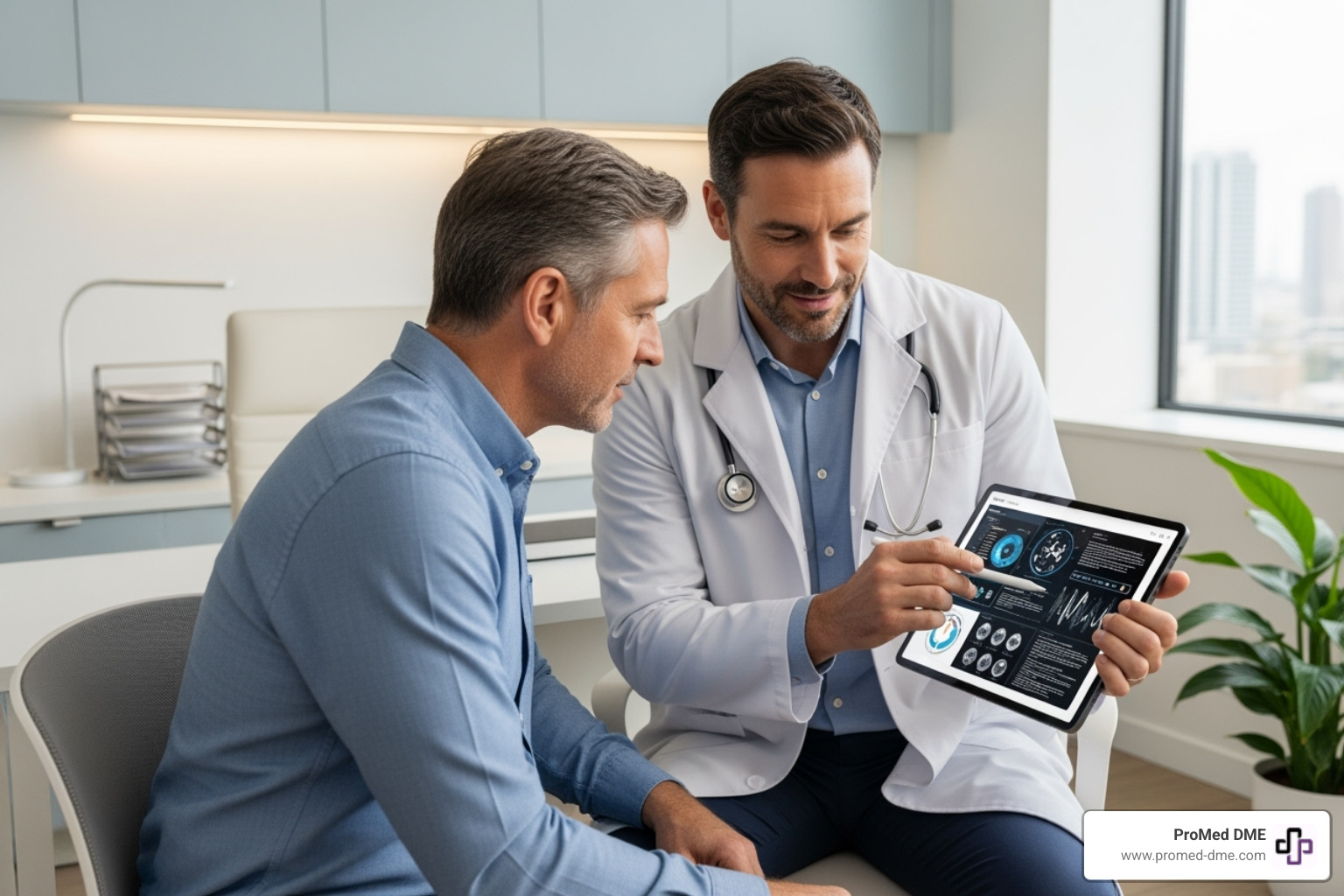 A doctor consulting with a male patient, discussing treatment options while looking at a tablet - what is bph A doctor consulting with a male patient, discussing treatment options while looking at a tablet - what is bph