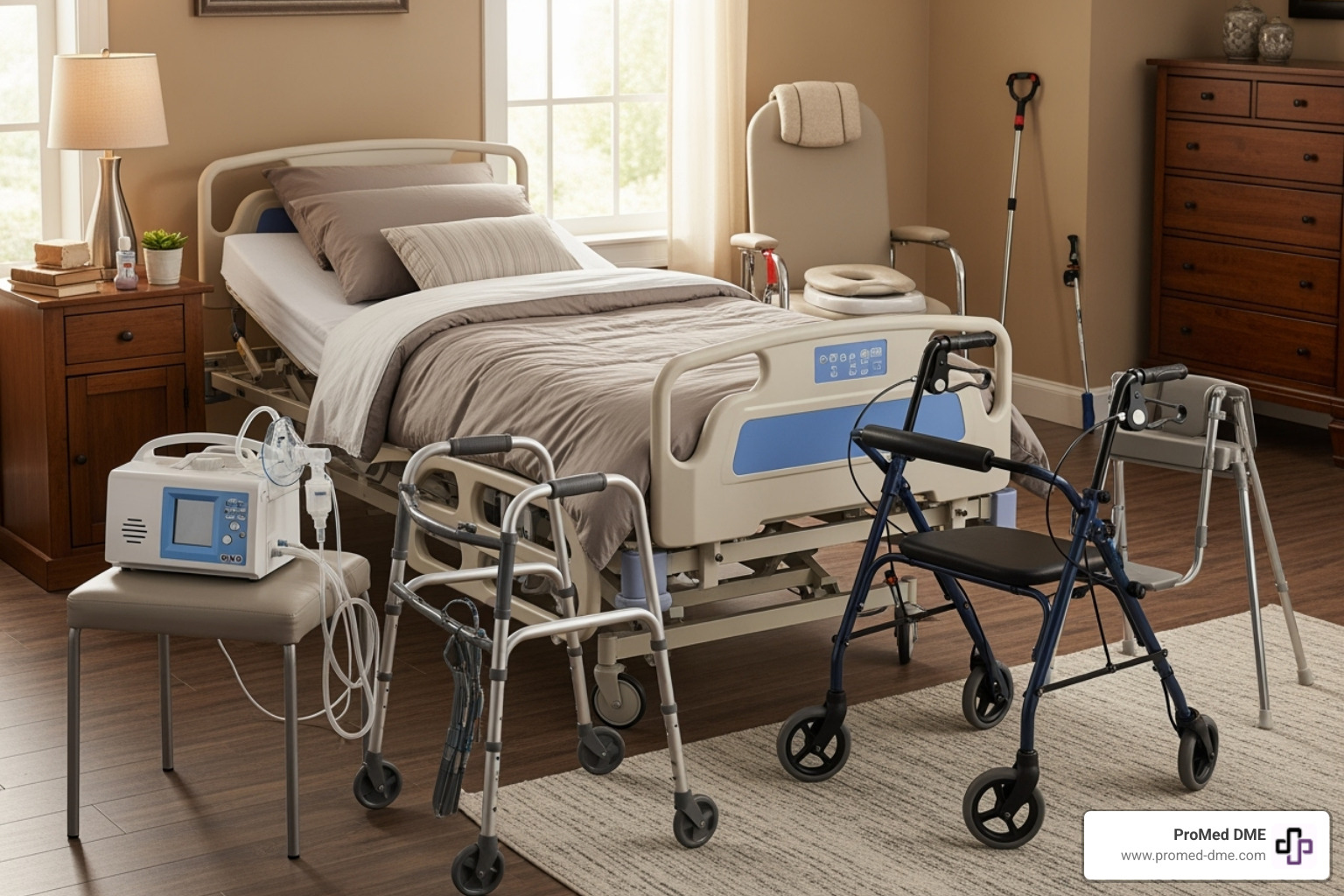 A collection of common DME items like a hospital bed, a nebulizer, and a commode chair. - dme supplies A collection of common DME items like a hospital bed, a nebulizer, and a commode chair. - dme supplies