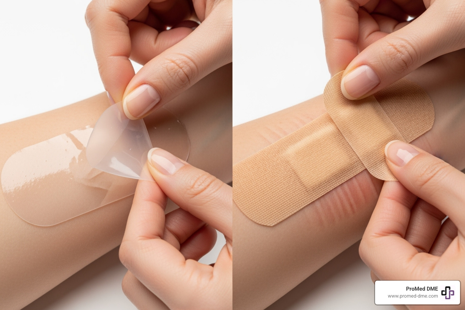 Image illustrating the difference between silicone's gentle adhesion and traditional adhesive's skin stripping - soft silicone dressing Image illustrating the difference between silicone's gentle adhesion and traditional adhesive's skin stripping - soft silicone dressing