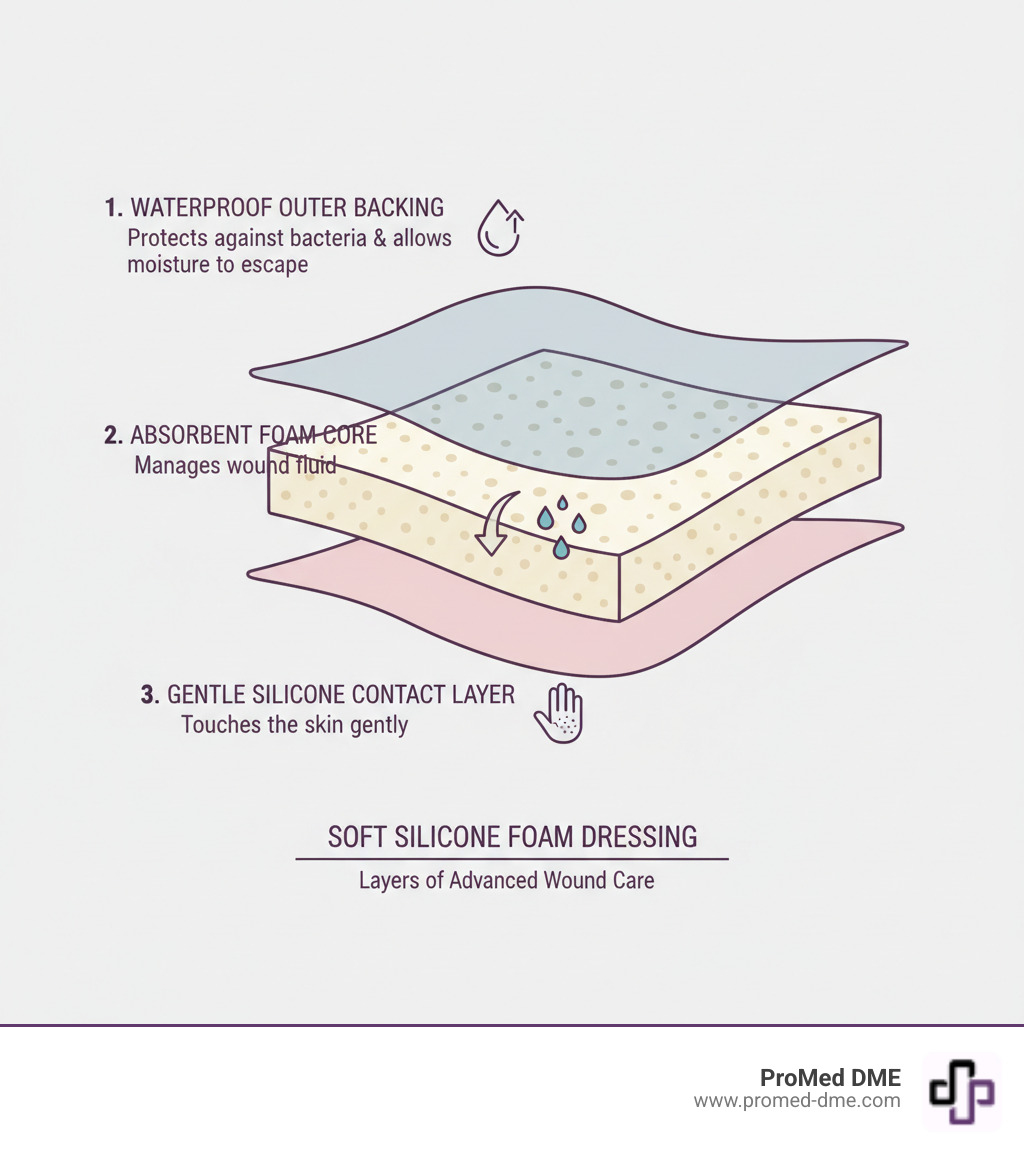 Infographic showing the three key layers of a soft silicone foam dressing: the gentle silicone contact layer that touches the skin, the absorbent polyurethane foam core that manages wound fluid, and the waterproof vapor-permeable outer backing that protects against bacteria while allowing moisture to escape - soft silicone dressing infographic  Infographic showing the three key layers of a soft silicone foam dressing: the gentle silicone contact layer that touches the skin, the absorbent polyurethane foam core that manages wound fluid, and the waterproof vapor-permeable outer backing that protects against bacteria while allowing moisture to escape - soft silicone dressing infographic
