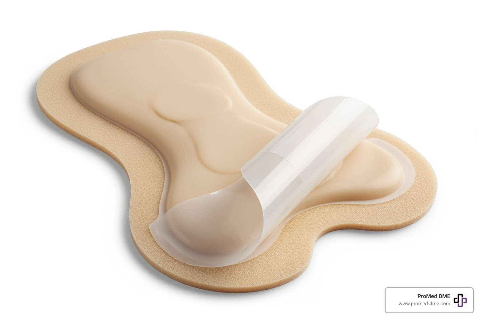 Image of a sacral-shaped silicone dressing for pressure ulcer prevention - soft silicone dressing Image of a sacral-shaped silicone dressing for pressure ulcer prevention - soft silicone dressing