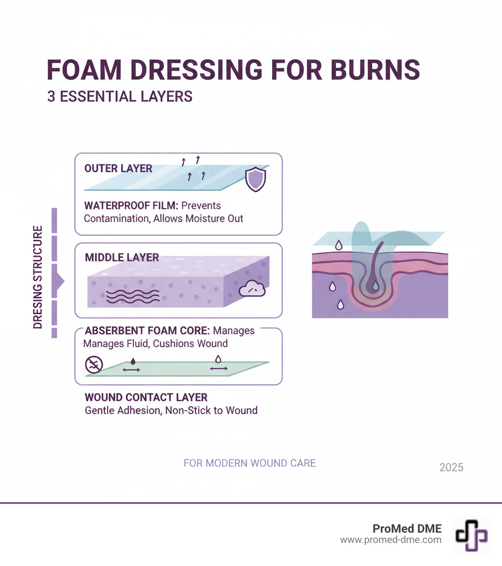 Infographic showing the three layers of foam dressing: outer waterproof film layer that prevents contamination and allows moisture vapor to escape, middle absorbent foam core that manages exudate and cushions the wound, and inner wound contact layer that adheres gently without sticking to the wound bed - foam dressing for burns infographic  Infographic showing the three layers of foam dressing: outer waterproof film layer that prevents contamination and allows moisture vapor to escape, middle absorbent foam core that manages exudate and cushions the wound, and inner wound contact layer that adheres gently without sticking to the wound bed - foam dressing for burns infographic
