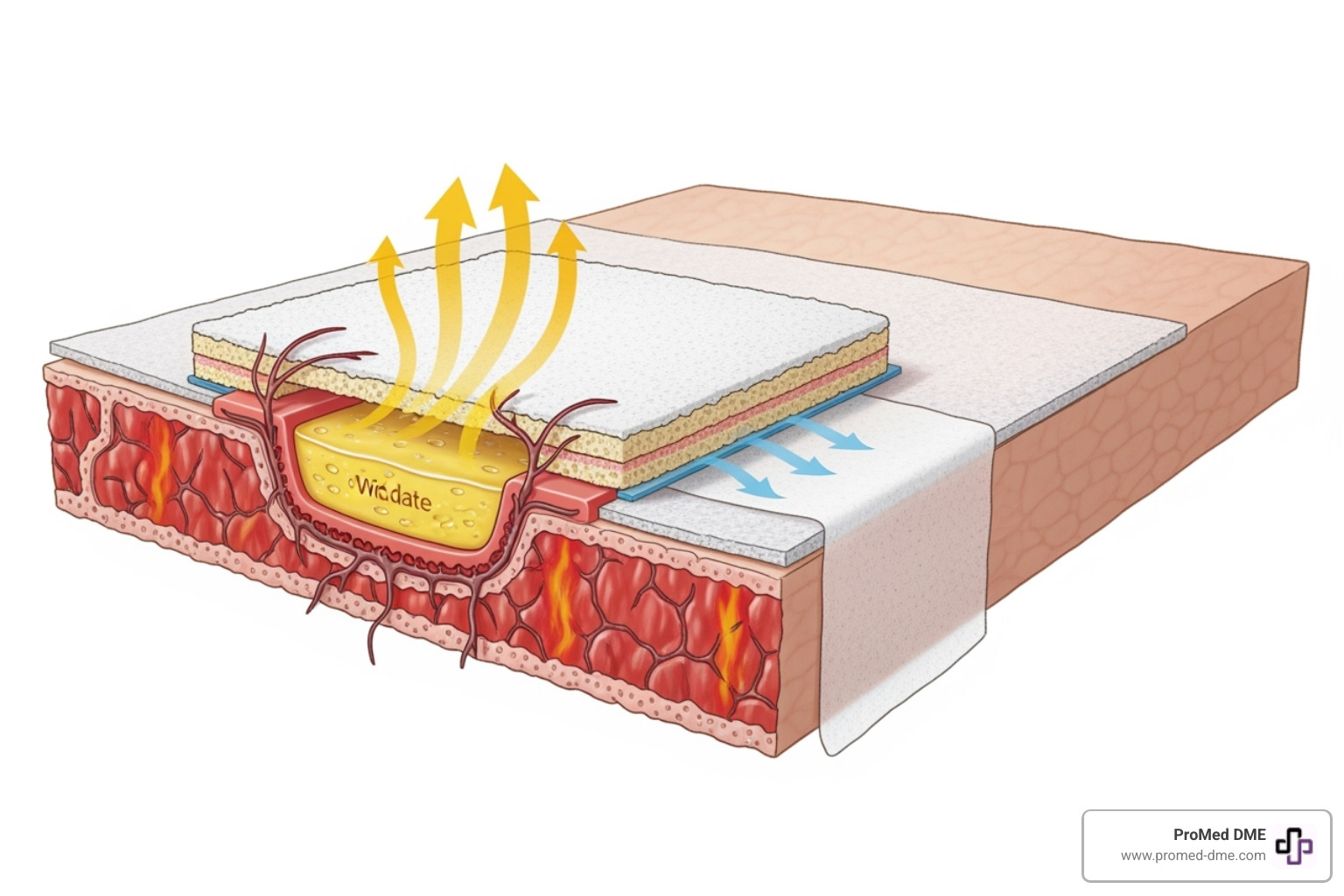 Image illustrating how a foam dressing wicks exudate away from the wound bed to prevent maceration - foam dressing for burns Image illustrating how a foam dressing wicks exudate away from the wound bed to prevent maceration - foam dressing for burns