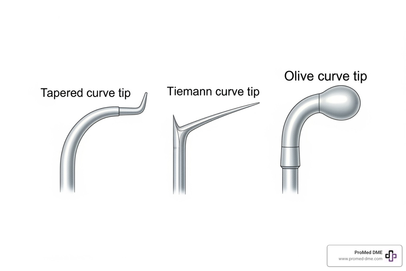 Illustration showing the three main types of coudé tips: Tapered, Tiemann, and Olive - Coudé tip catheters