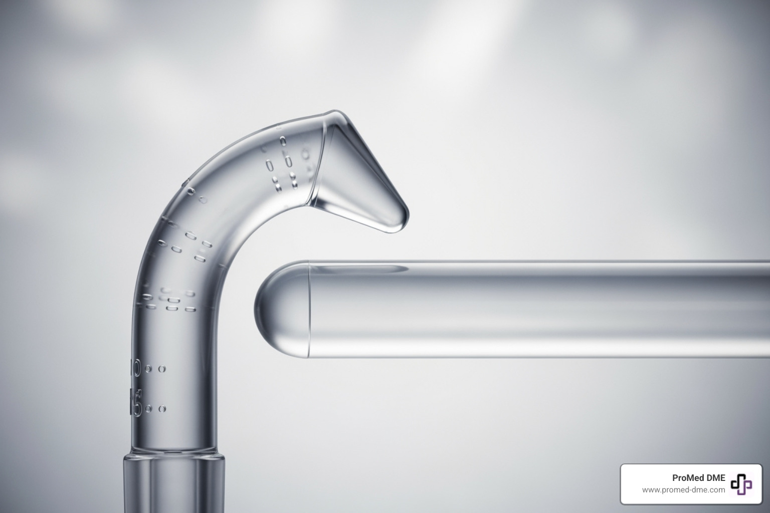 A close-up of a coudé catheter's curved tip next to a straight tip catheter - Coudé tip catheters