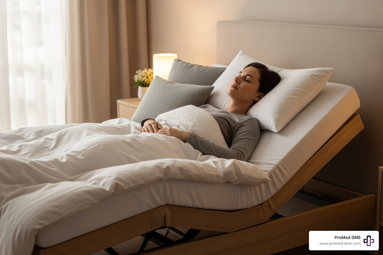 Image illustrating the angle of elevation for an adjustable bed, with a person comfortably sleeping in an inclined position. - Acid reflux adjustable bed