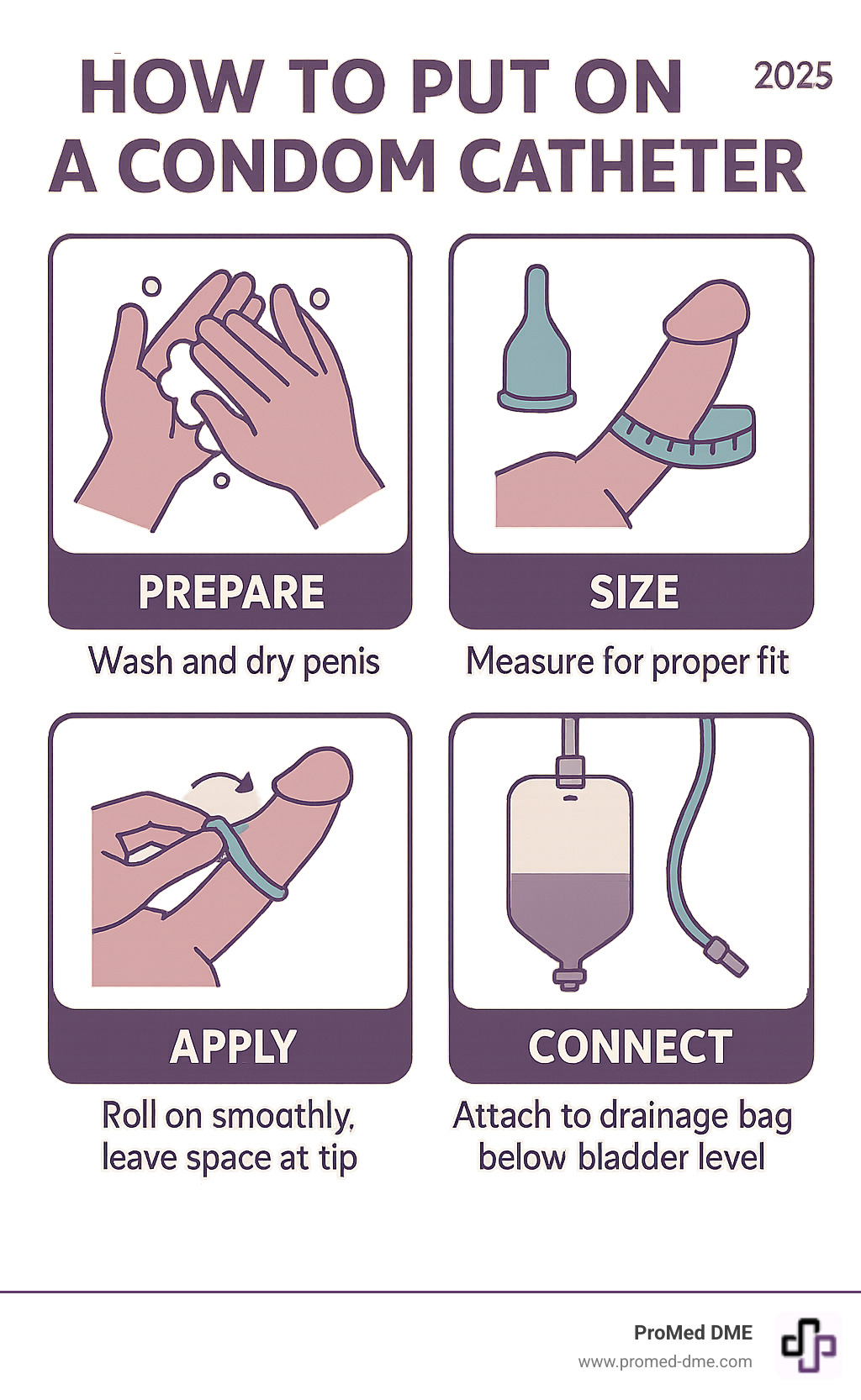 Step-by-step condom catheter application process showing preparation, sizing, application technique, and connection to drainage bag with proper positioning - how to put on a condom catheter infographic Step-by-step condom catheter application process showing preparation, sizing, application technique, and connection to drainage bag with proper positioning - how to put on a condom catheter infographic
