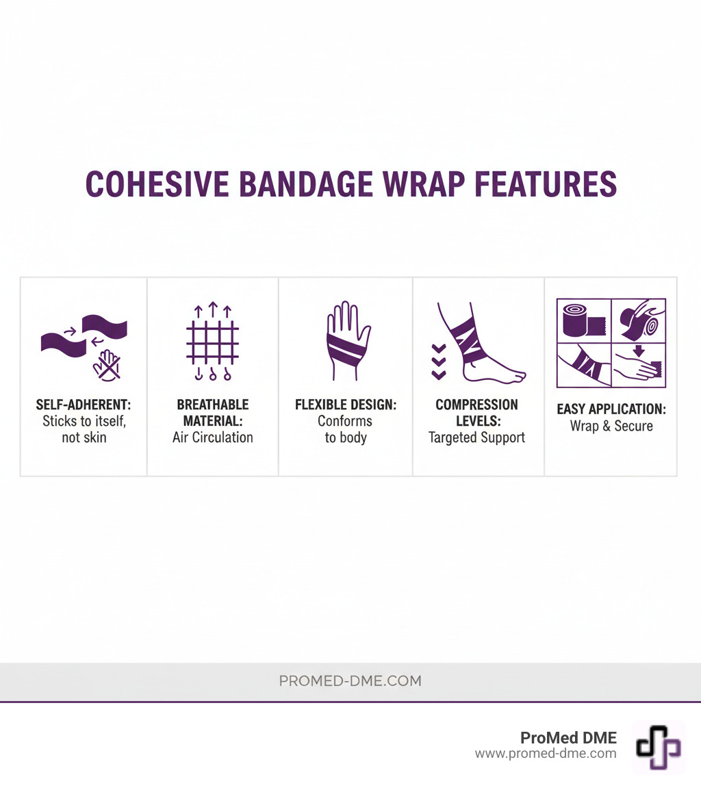 Infographic showing cohesive bandage wrap features: self-adherent properties with arrows showing it sticks to itself but not skin, breathable material with air flow symbols, flexible design conforming to wrist and ankle shapes, compression levels indicated by pressure arrows, and easy application steps from unwrapping to securing - cohesive bandage wraps infographic Infographic showing cohesive bandage wrap features: self-adherent properties with arrows showing it sticks to itself but not skin, breathable material with air flow symbols, flexible design conforming to wrist and ankle shapes, compression levels indicated by pressure arrows, and easy application steps from unwrapping to securing - cohesive bandage wraps infographic
