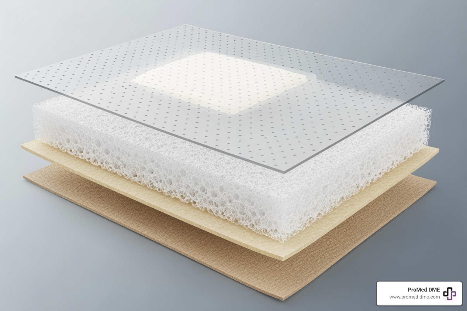 close-up, cross-section view of a non-stick pad showing its different layers (contact layer, absorbent core, outer film) - non stick bandage for burns close-up, cross-section view of a non-stick pad showing its different layers (contact layer, absorbent core, outer film) - non stick bandage for burns