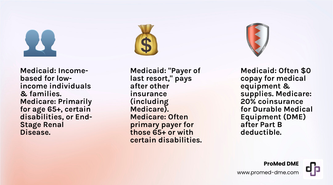 infographic comparing Medicaid and Medicare coverage for medical supplies across key areas: Eligibility (Income-based vs. Age/Disability-based), Patient Costs (Typically $0 copay vs. 20% coinsurance), Primary Payer (Medicaid as payer of last resort vs. Medicare as primary), and Dual-Eligibility rules. - medicaid covered medical supplies infographic 3_facts_emoji_light-gradient infographic comparing Medicaid and Medicare coverage for medical supplies across key areas: Eligibility (Income-based vs. Age/Disability-based), Patient Costs (Typically $0 copay vs. 20% coinsurance), Primary Payer (Medicaid as payer of last resort vs. Medicare as primary), and Dual-Eligibility rules. - medicaid covered medical supplies infographic 3_facts_emoji_light-gradient